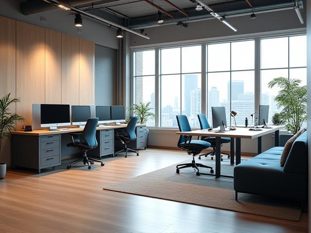 Modern interior of Prabha Studios office with meeting area and technical setup