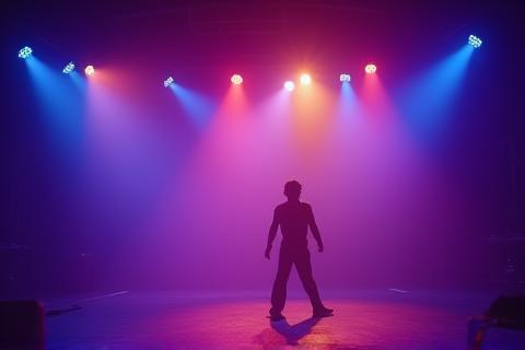 Still from a music video with vibrant stage lighting